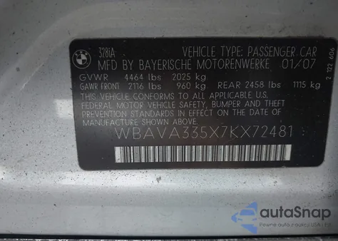 2007 BMW 328I z USA, uszkodzony, nr VIN WBAVA335X7KX72481